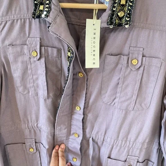 BNWT Innocence Clothing Women Dark Beige Embellished Border long Sleeve Jacket - Picture 7 of 12